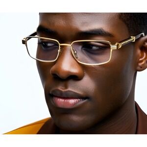 Rimless Rectangle Glasses Gold Frame Wood‎ Arms Hip Hop Fashion Eyewear Trendy